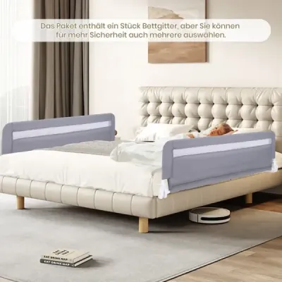 BS10046GR Zábrana do postele pro batolata 120 cm skládací zábrana do dětské postele se snímatelným a pratelným potahem šedá SKLADEM