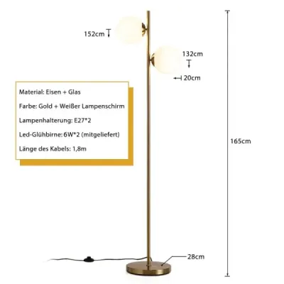 EP24737DE 2-světelná stojací lampa z matného skla se 2 žárovkami a nožním vypínačem Moderní stojací lampa Golden SKLADEM