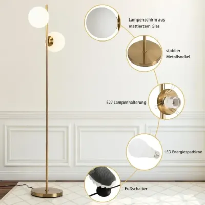 EP24737DE 2-světelná stojací lampa z matného skla se 2 žárovkami a nožním vypínačem Moderní stojací lampa Golden SKLADEM