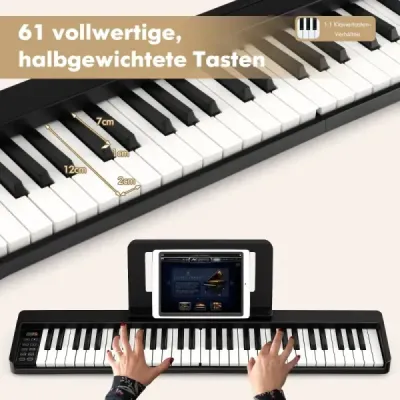 Digitální piano s 61 klávesami, Bluetooth a hudebním stojanem, pedálem a skládací taškou na klavír