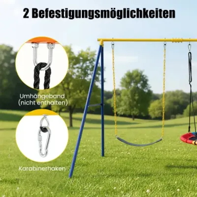 Houpací rám s dvojitou houpačkou s rámem ve tvaru písmene A, nový, s extra silným karabinovým háčkem, 249 x 185 x 181,5 cm, modrá + žlutá