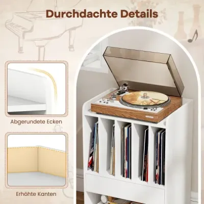 Stůl na gramofon s 5 přihrádkami a zásuvkou, stojan na desky, úložný prostor na vinyly s kolečky, bílý