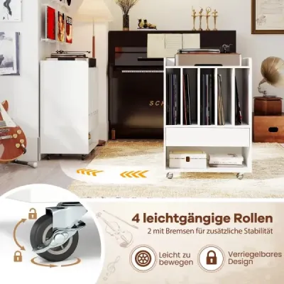 Stůl na gramofon s 5 přihrádkami a zásuvkou, stojan na desky, úložný prostor na vinyly s kolečky, bílý