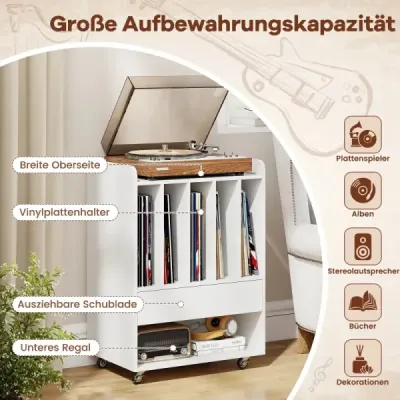 Stůl na gramofon s 5 přihrádkami a zásuvkou, stojan na desky, úložný prostor na vinyly s kolečky, bílý