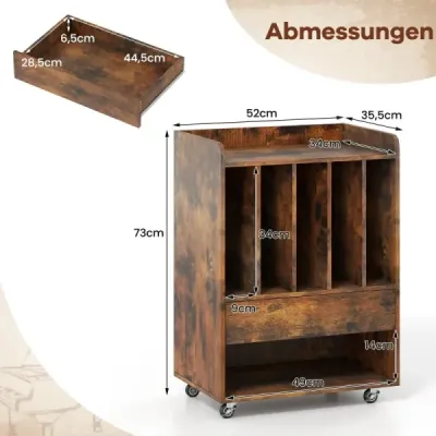 Stůl na gramofon s 5 přihrádkami a zásuvkou, stojan na desky, úložný prostor na vinyly s kolečky, hnědý