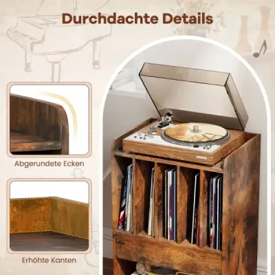Stůl na gramofon s 5 přihrádkami a zásuvkou, stojan na desky, úložný prostor na vinyly s kolečky, hnědý