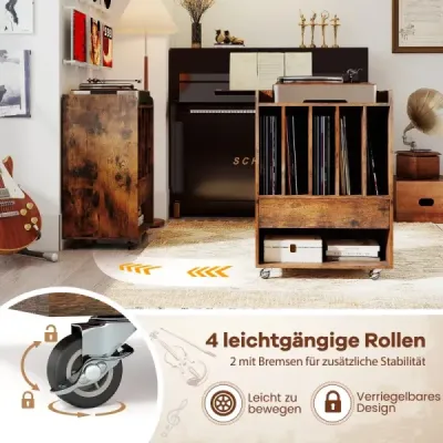 Stůl na gramofon s 5 přihrádkami a zásuvkou, stojan na desky, úložný prostor na vinyly s kolečky, hnědý