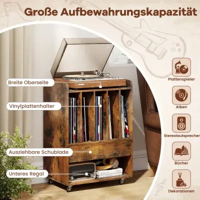 Stůl na gramofon s 5 přihrádkami a zásuvkou, stojan na desky, úložný prostor na vinyly s kolečky, hnědý