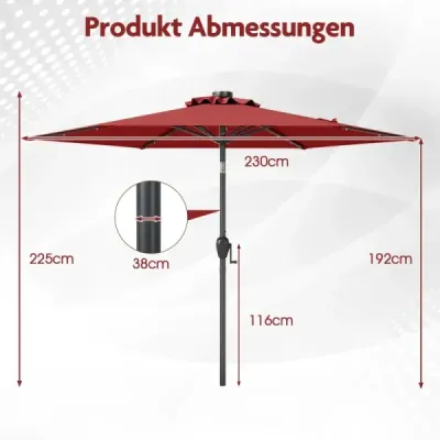 230 cm solární zahradní slunečník s LED osvětlením, nastavitelným sklonem, klikou a odvětrávanou střechou – do zahrady, k bazénu,