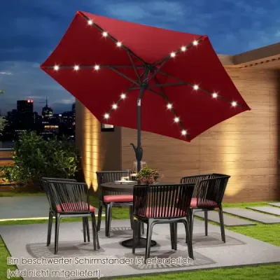 230 cm solární zahradní slunečník s LED osvětlením, nastavitelným sklonem, klikou a odvětrávanou střechou – do zahrady, k bazénu,