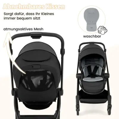 Skládací kočárek s otočným sedadlem Cestovní kočárek s nastavitelnou opěrkou zad Black