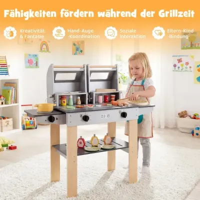 Dětský gril s grilovacím náčiním, hračkami v podobě jídla a skládacími víky – grilovací hračka