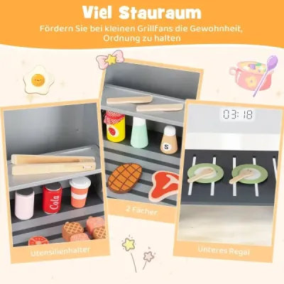 Dětský gril s grilovacím náčiním, hračkami v podobě jídla a skládacími víky – grilovací hračka
