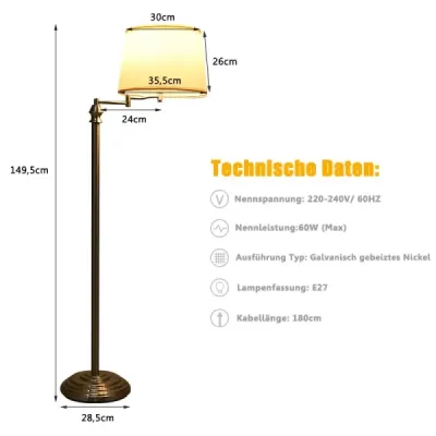 Stojací lampa Stojací lampa s podstavcem a stínidlem na čtení 35,5 x 152 cm Béžová barva