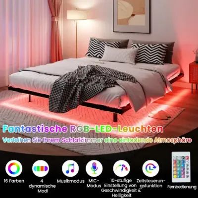 Plovoucí postel velikosti Queen s LED osvětlením, moderní kovový rám postele, 160 x 200 cm