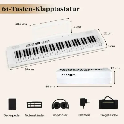 Skládací klavírní klávesnice s 61 klávesami, plnohodnotná elektronická klávesnice s MIDI a funkcí split, bílá