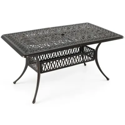 Zahradní stůl z hliníkového odlitku, 150 x 91 x 73 cm, otvor pro slunečník, čtvercový, pro 6–8 osob, venkovní použití, bronzová barva