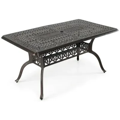 Zahradní stůl z hliníkového odlitku s otvorem pro slunečník, nastavitelnými nohami, nosností 150 kg, rozměry 150 x 90 x 73 cm, , bronz