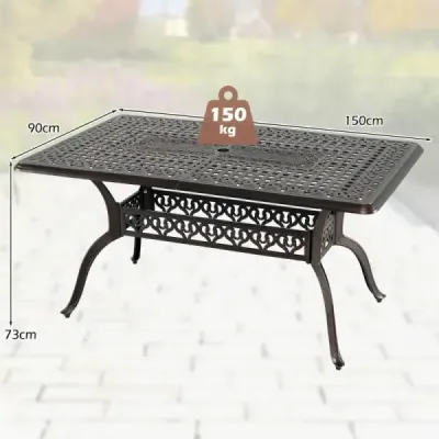Zahradní stůl z hliníkového odlitku s otvorem pro slunečník, nastavitelnými nohami, nosností 150 kg, rozměry 150 x 90 x 73 cm, , bronz