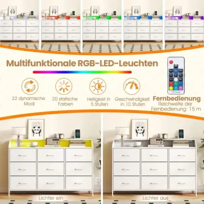 Komoda s LED osvětlením a dobíjecí stanicí, 9 látkových zásuvek, kovový rám, TV skříňka do 58 palců, do  pokoje nebo předsíně