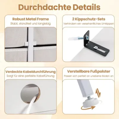 Komoda s LED osvětlením a dobíjecí stanicí, 9 látkových zásuvek, kovový rám, TV skříňka do 58 palců, do  pokoje nebo předsíně
