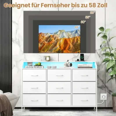 Komoda s LED osvětlením a dobíjecí stanicí, 9 látkových zásuvek, kovový rám, TV skříňka do 58 palců, do  pokoje nebo předsíně