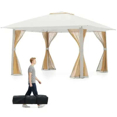 Výsuvný pavilon 394x394cm s drátěnými stěnami, dvojitou střechou, přepravní taškou, snadno sestavitelný, do zahrady, na terasu, bežová