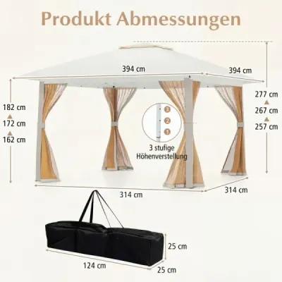 Výsuvný pavilon 394x394cm s drátěnými stěnami, dvojitou střechou, přepravní taškou, snadno sestavitelný, do zahrady, na terasu, bežová