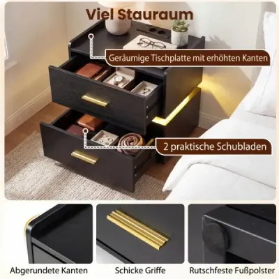 Sada 2 nočních stolků s nabíjecí stanicí, LED noční stolek, 2 zásuvky, moderní, částečně plovoucí, černý