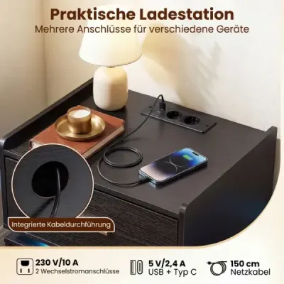 Sada 2 nočních stolků s nabíjecí stanicí, LED noční stolek, 2 zásuvky, moderní, částečně plovoucí, černý