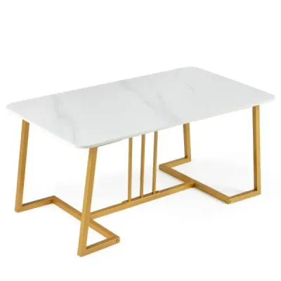 Konferenční stolek z umělého mramoru, 90 cm, kovový rám, protiskluzový, moderní, odkládací stolek, bílý a zlatý