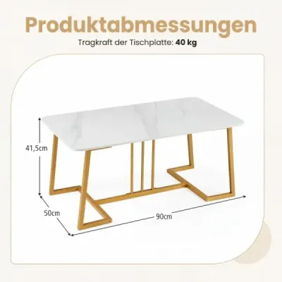 Konferenční stolek z umělého mramoru, 90 cm, kovový rám, protiskluzový, moderní, odkládací stolek, bílý a zlatý
