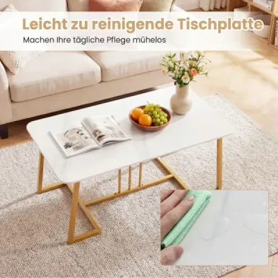 Konferenční stolek z umělého mramoru, 90 cm, kovový rám, protiskluzový, moderní, odkládací stolek, bílý a zlatý
