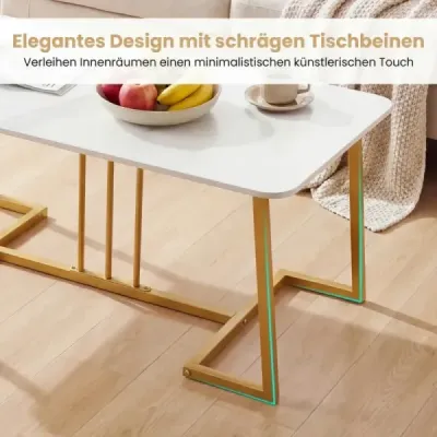 Konferenční stolek z umělého mramoru, 90 cm, kovový rám, protiskluzový, moderní, odkládací stolek, bílý a zlatý