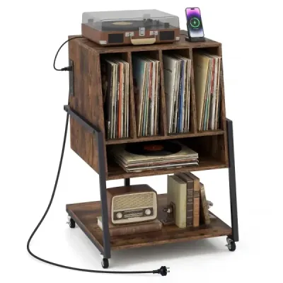 Stojan na gramofon s integrovanou nabíjecí stanicí a 4 přepážkami – gramofonový stolek na vinylové desky, hnědý