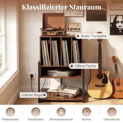 Stojan na gramofon s integrovanou nabíjecí stanicí a 4 přepážkami – gramofonový stolek na vinylové desky, hnědý