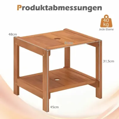 Dřevěný odkládací stolek s otvorem pro slunečník a odkládací přihrádkou  odolný proti povětrnostním vlivům  balkonový stolek