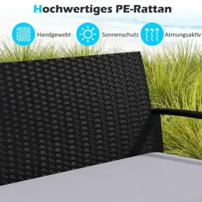 Zahradní nábytek – sada z PE ratanu pro 4 osoby, skleněný stůl, 2 pohovky, 2 křesla, polštáře, do zahrady, na balkon, na dvůr, černá, šedá