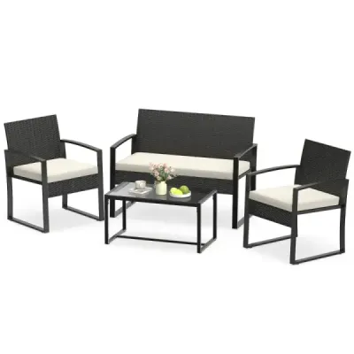 Zahradní nábytek, sada z PE ratanu pro 4 osoby, skleněný stůl, 2 pohovky, 2 křesla, polštáře, do zahrady, na balkon černá, béžová