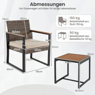 Sada balkonového nábytku se 2 židlemi, odkládacím stolkem a měkkými polštáři – lounge set v béžové barvě