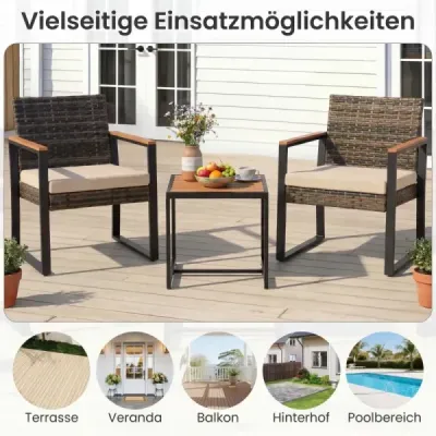 Sada balkonového nábytku se 2 židlemi, odkládacím stolkem a měkkými polštáři – lounge set v béžové barvě