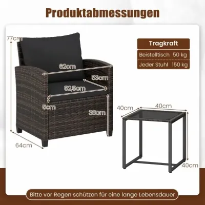 3dílná sada zahradního nábytku: 2 křesla, skleněný stůl, kovový rám, polštáře – na balkon, do zahrady, k bazénu – černá