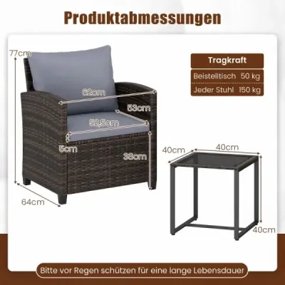 3dílná sada zahradního nábytku: 2 křesla, skleněný stůl, kovový rám, polštáře – na balkon, do zahrady, k bazénu – šedá