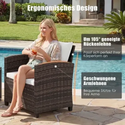 3dílná sada zahradního nábytku: 2 křesla, skleněný stůl, kovový rám, polštáře – na balkon, do zahrady, k bazénu – béžová