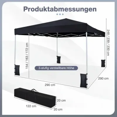 Výsuvný pavilon 290 x 290 cm, výškově nastavitelný s příslušenstvím pro kempování na pláži, černý