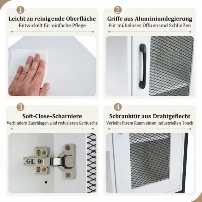 Dřevěná příborník s dvířky a nastavitelnými policemi, kuchyňská skříňka, vintage bufetová skříňka, bílá