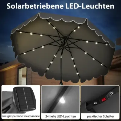 3 m zahradní slunečník s 24 LED diodami, sklopný, 8 žeber, do zahrady a na terasu, šedý
