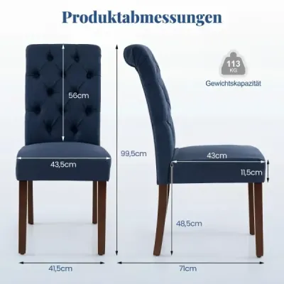 Sada 2 jídelních židlí s vysokým opěradlem, prošívaným potahem a dřevěnými nohami, nosnost až 113 kg, modrá