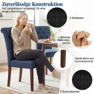 Sada 2 jídelních židlí s vysokým opěradlem, prošívaným potahem a dřevěnými nohami, nosnost až 113 kg, modrá