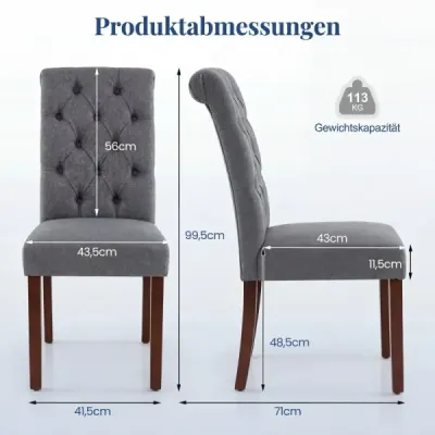 Sada 2 jídelních židlí s vysokým opěradlem, prošívaným potahem a dřevěnými nohami, nosnost až 113 kg, šedá